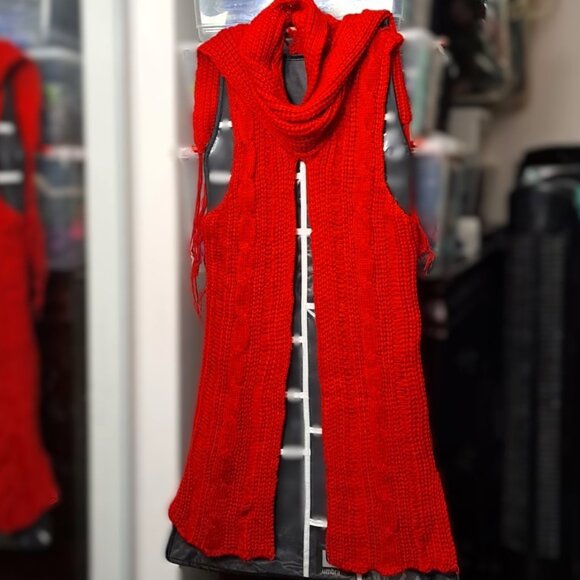 Red Knitted Cardigan Vest Sweater with Crochet Detail - Picture 2 of 9